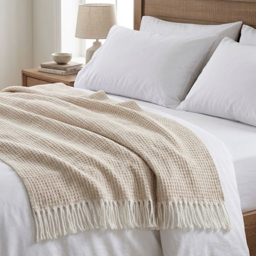 Beżowy Koc Bawełniany 150x200 CHECK Narzuta Pled Na Łóżko