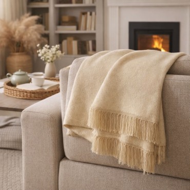 Waniliowy Koc Bawełniano-Akrylowy z Frędzlami 150x200 