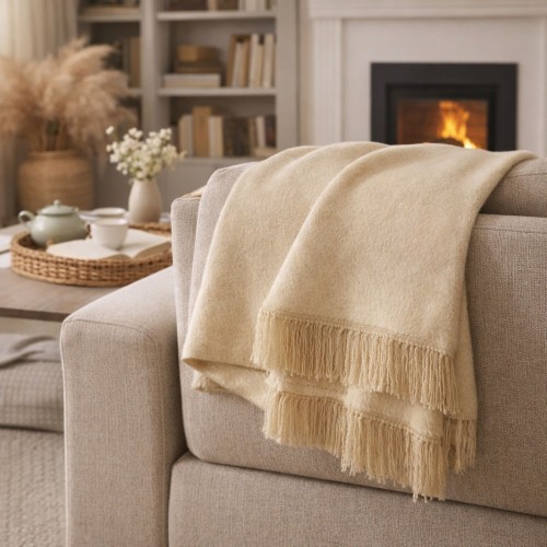 Waniliowy Koc Bawełniano-Akrylowy z Frędzlami 150x200