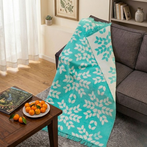 Turkusowy Koc Bawełniano-Akrylowy z Frędzlami 150x200