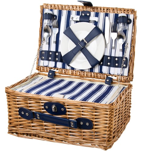 Wiklinowy Kosz Piknikowy Termiczny Dla 2 Osób Sztućce Talerze Granatowa Tkanina