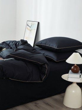 Czarna Pościel Queen Premium Satyna Bawełniana 140x200 ze Złotą Lamówką Biza