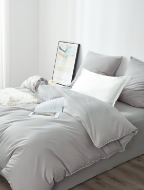 Szara Pościel Queen Premium Satyna Bawełniana 140x200 z Białą Lamówką Biza 