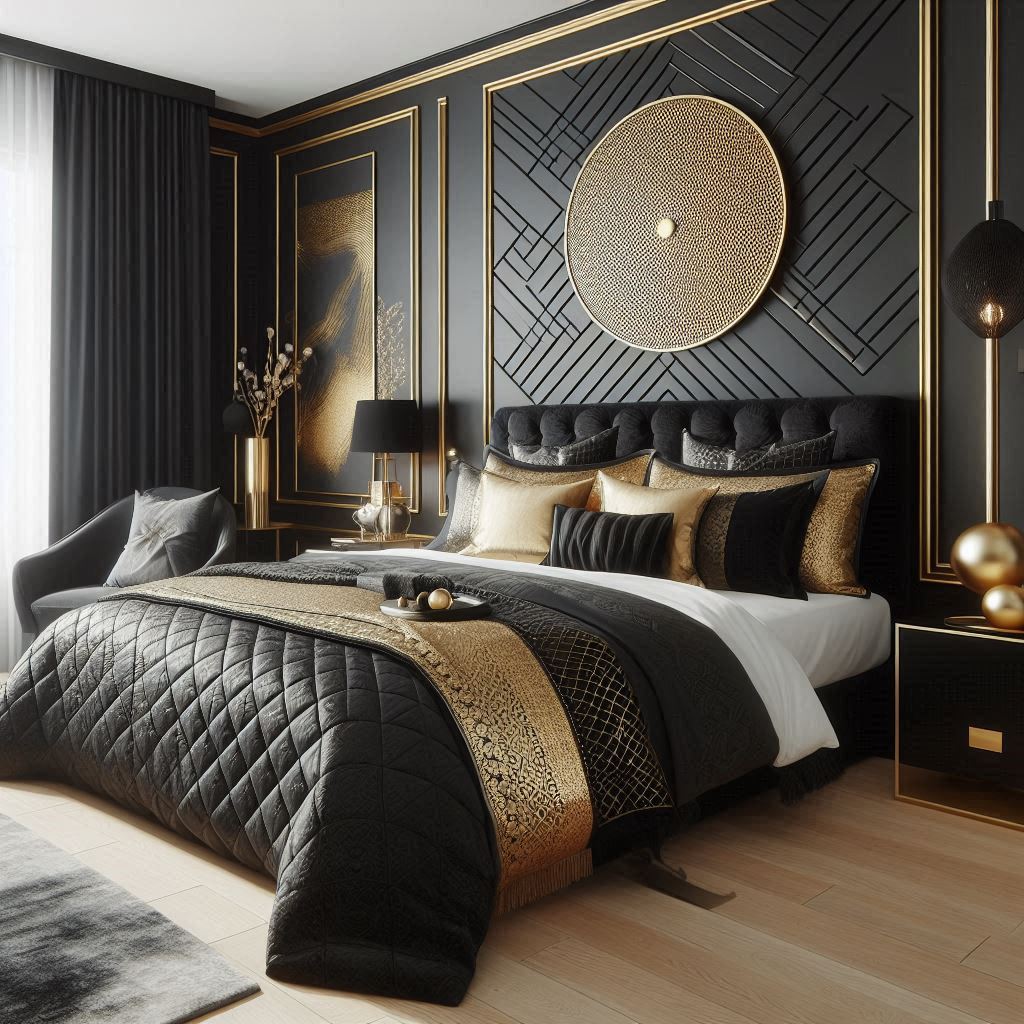 Czarno złota sypialnia